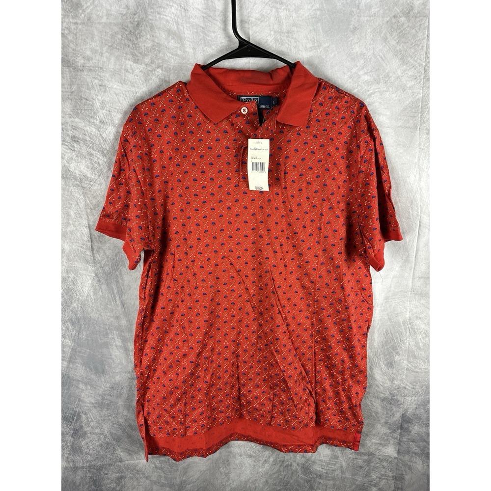 NWT Polo Ralph Lauren Polo Shirt Men L Red AOP Equestrian Mallet Helmet Vtg Flaw